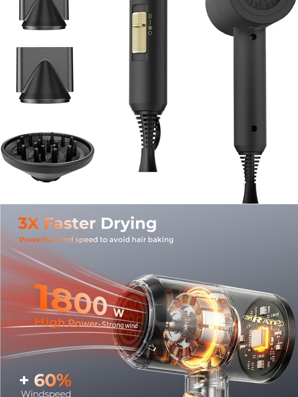 Premium Black Compact Hair Dryer with Attachments - Lightweight Travel Styling - Picture 2 of 7